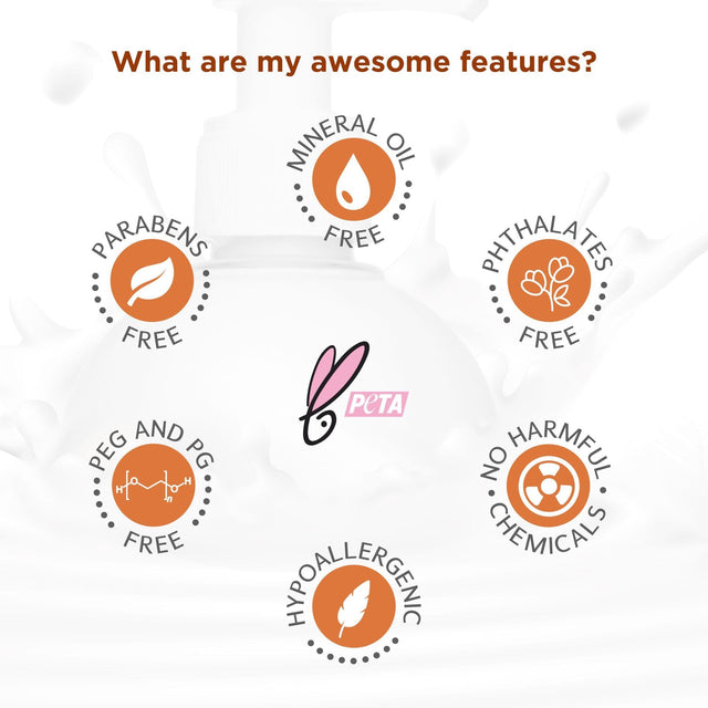 Awesome features with icons that this product is free of  harmful chemicals, Paraben, Phthalates, Mineral oil, Peg and PG, and is Hypoallergenic.
