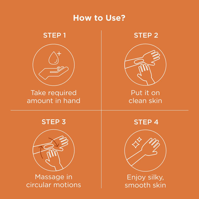 Step wise instructions on how to use this moisturizer. Step 1 take required amount in hand. Step 2 Put it on clean skin. Step 3 Massage in circular motions and Step 4 Enjoy silky, smooth skin.
