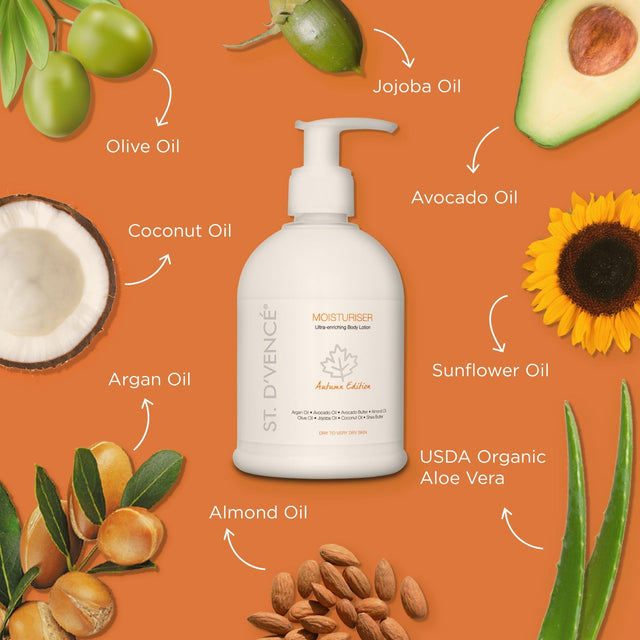 All main ingredients of Autumn edition Moisturizer like Avocado oil, Argan Oil, Almond oil, Jojoba oil, Sunflower Oil, Coconut oil, Olive oil and USDA organic Aloe Vera mentioned around the bottle.