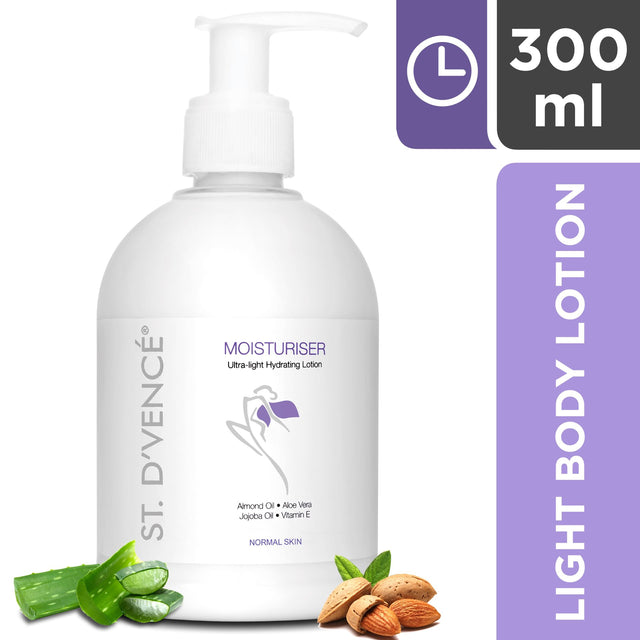 St. D’vence Original Body Moisturiser  with Almond Oil & Aloe Vera, 300 ml with freshly cut aloe vera and almonds around the bottle.