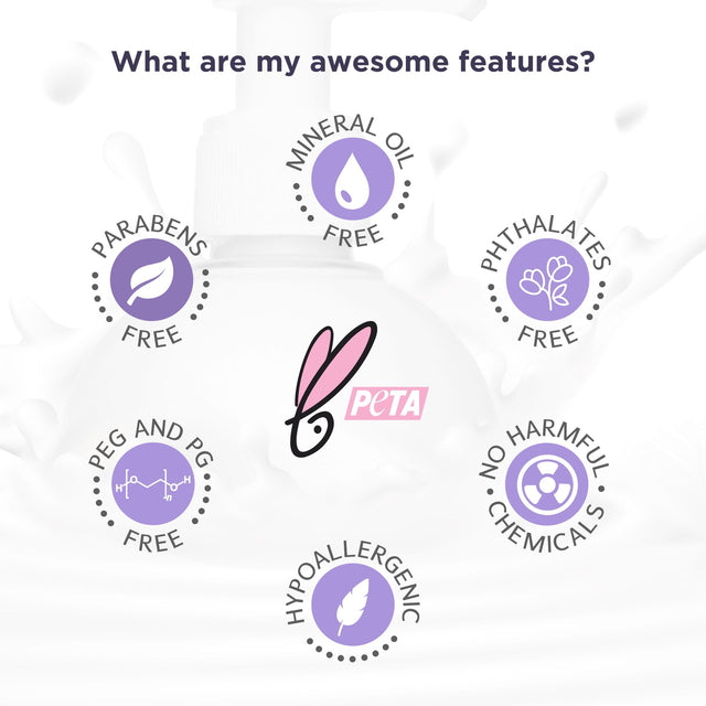 Awesome features with icons that this product is free of  harmful chemicals, Paraben, Phthalates, Mineral oil, Peg and PG, and is Hypoallergenic.