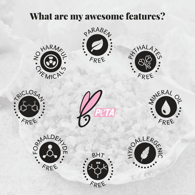 Awesome features with icons that products are free of harmful chemicals, Paraben, Phthalates, Mineral, Hypoallergenic, BHT, Formaldehyde and triclosan