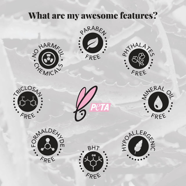 Awesome features with icons that products are free of harmful chemicals, Paraben, Phthalates, Mineral, Hypoallergenic, BHT, Formaldehyde and triclosan