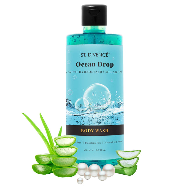 St. D’vence Ocean Drop with Hydrolyzed Collagen Body Wash 500 ml bottle with pearl drops of ocean and freshly cut Organic Aloe Vera around the bottle.