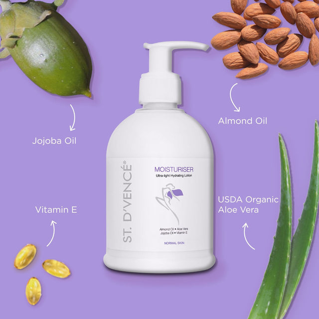 Main ingredients of Original Moisturizer like Almond oil, Jojoba oil, Vitamin E, USDA organic Aloe Vera mentioned around the bottle.