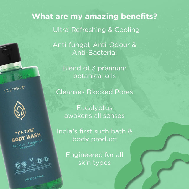 List of Amazing Benefits of this Tea Tree shower gel is it is Ultra refreshing and cooling, is anti fungal, anti odour, anti bacterial, has blend of 3 premium botanical oils, cleanses blocked pores, eucalyptus awakens all senses, and it is India's first such bath and body product and engineered for all skin types.