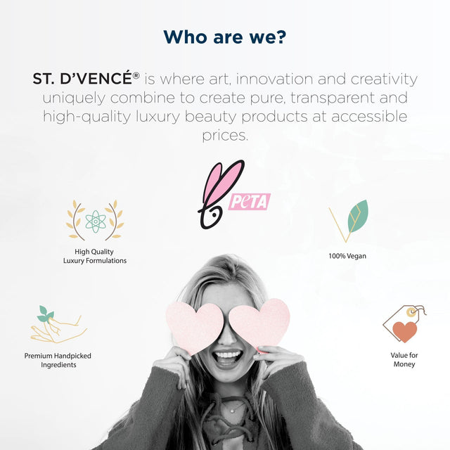 About the company, where all products are High quality luxury formulations, 100% vegan, Premium hand picked ingredients and Value for money. Peta approved logo.