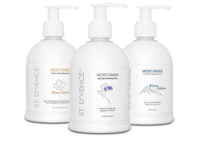 3 Combo Value pack of St. D’vence Original Body Moisturiser with Almond Oil & Aloe Vera 300ml, St. D’vence Winter Edition Body Moisturiser with Tea Tree Oil & Shea Butter 300ml and St. D’vence Autumn Edition Body Moisturiser with Argan Oil & Avocado Butter 300ml.