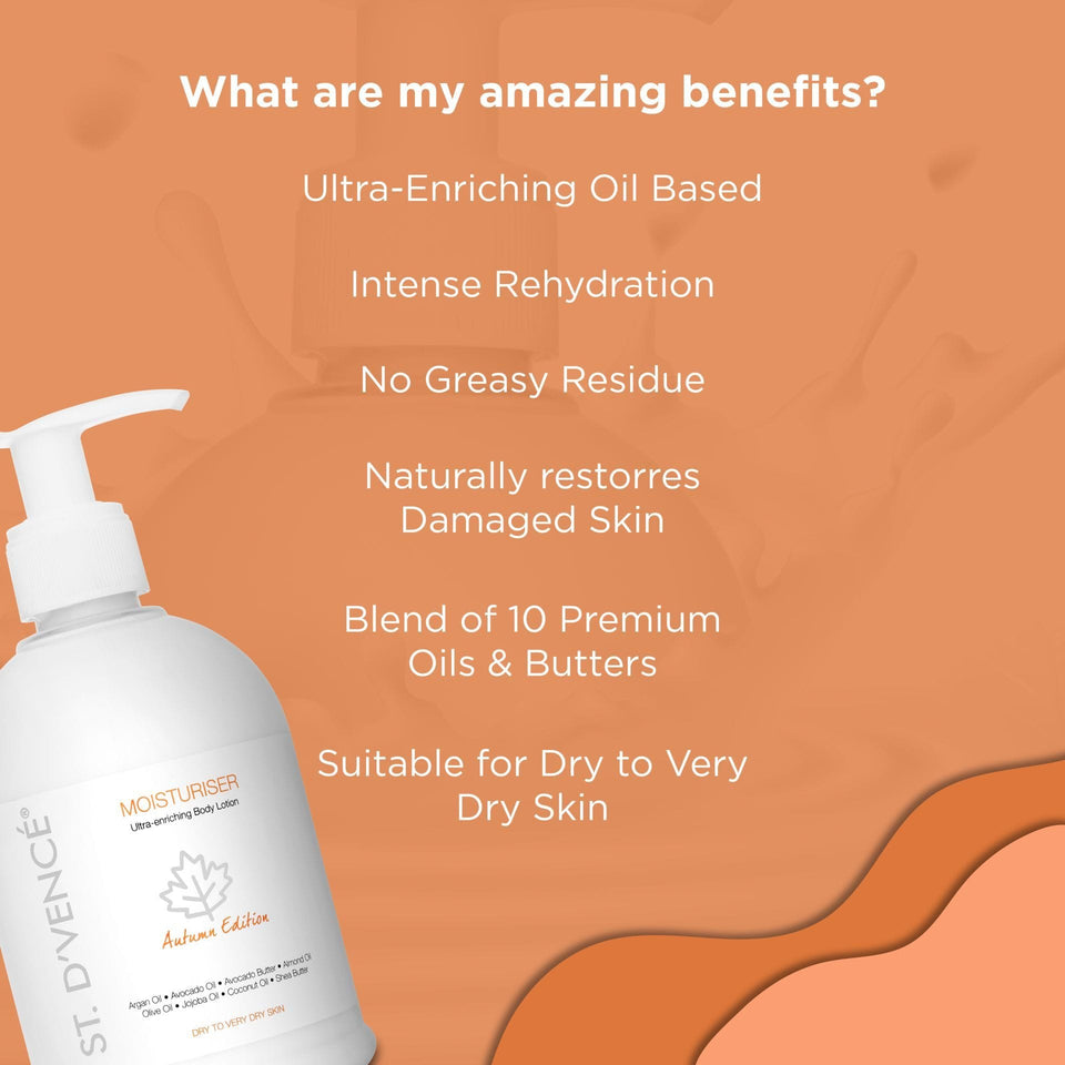 List of Amazing Benefits of this moisturizer is it is ultra-enriching oil based, gives intense re-hydration, leaves no greasy residue, naturally restores damaged skin, has blend of 10 premium oils and butters, And is suitable for dry to very dry skin type.