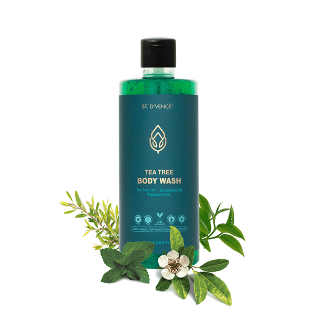 St. D’vence Trea Tree Body Wash with Eucalyptus and Peppermint Oil, 500 ml bottle with leaves of Tea Tree, Eucalyptus and Peppermint around the bottle.