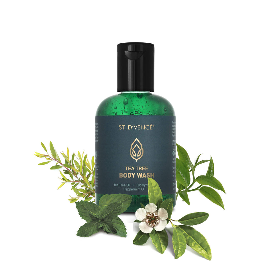 St. D’vence Trea Tree Body Wash with Eucalyptus and Peppermint Oil, 100 ml bottle with leaves of Tea Tree, Eucalyptus and Peppermint around the bottle.
