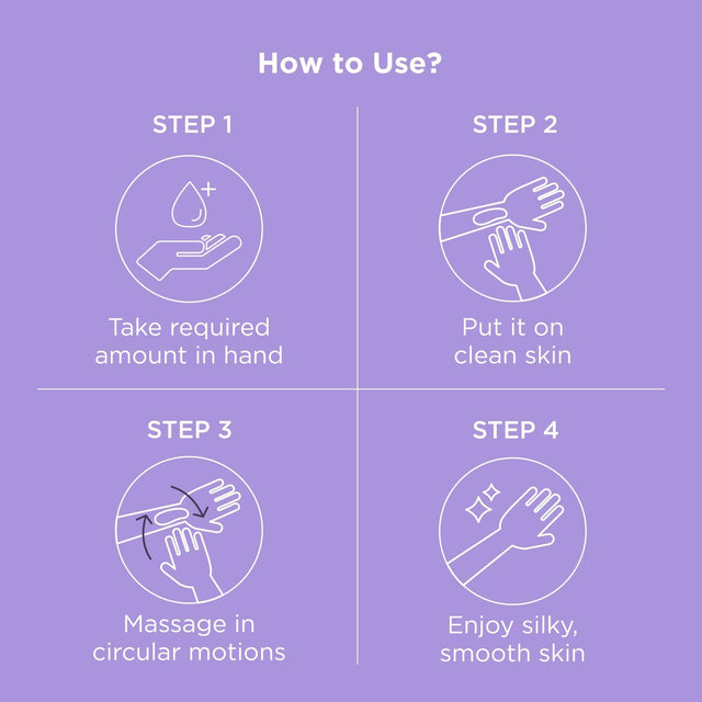 Step wise instructions on how to use this moisturizer. Step 1 take required amount in hand. Step 2 Put it on clean skin. Step 3 Massage in circular motions and Step 4 Enjoy silky, smooth skin.