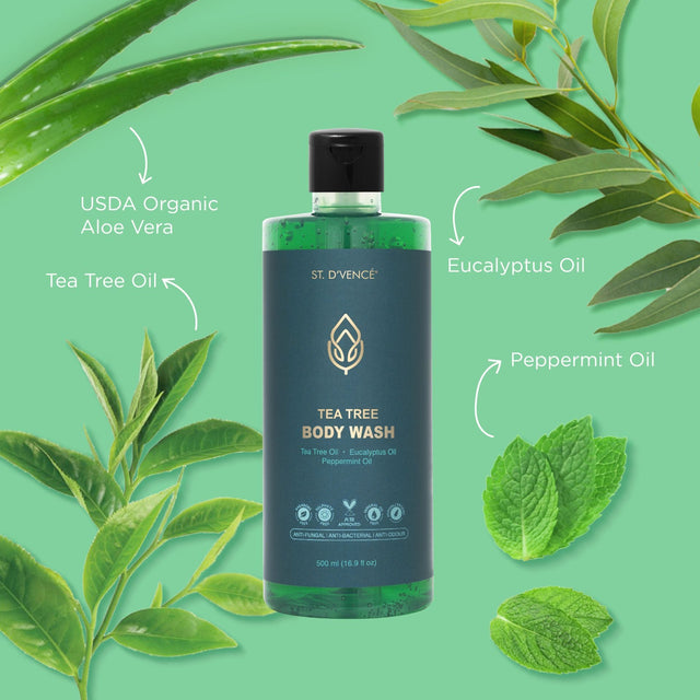 Main ingredients of shower gel like Tea tree Oil, Eucalyptus Oil, Peppermint Oil and Organic Aloe Vera mentioned around the bottle.
